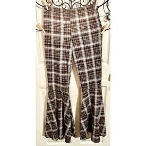 Ladies Plaid Bell Bottom Pants SzMd Stretchy Retro Boho Elastic Waist